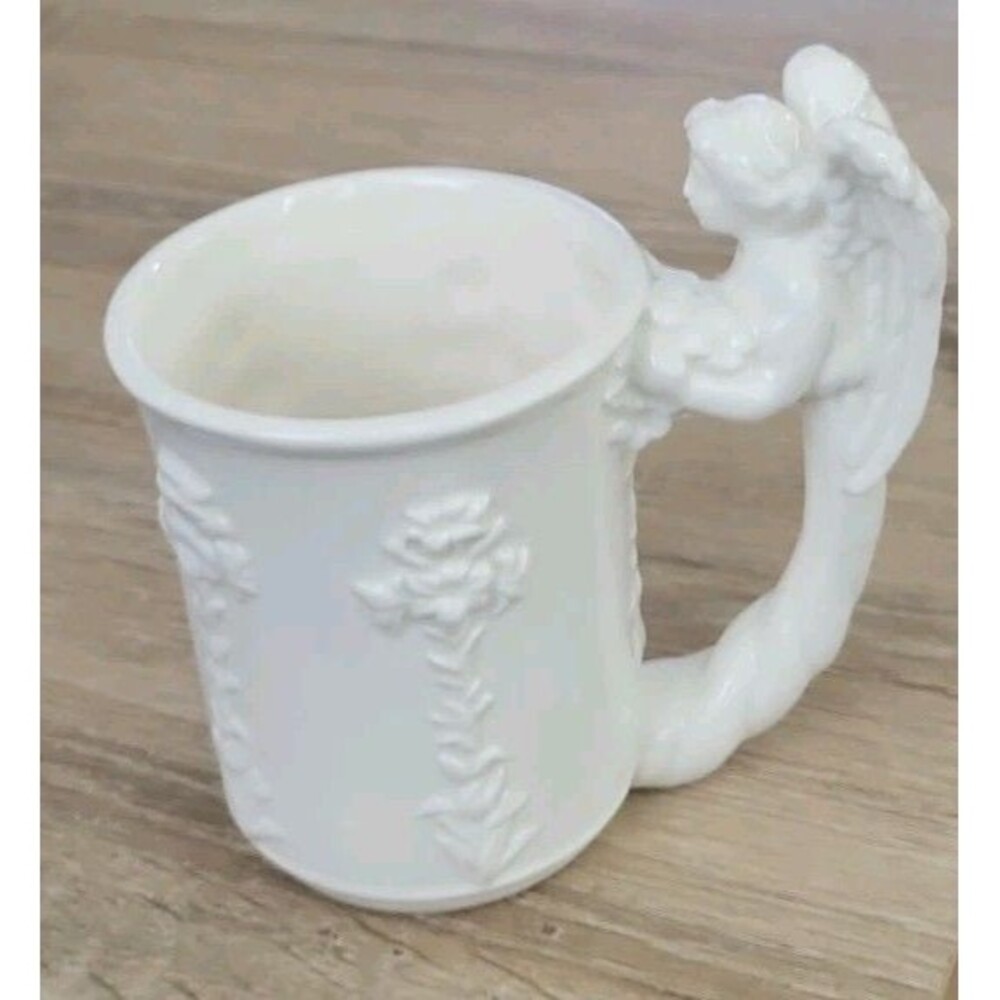 Vintage 1994 McConnell Talus Corp White Angel Handle Lily Motif Coffee Mug Cup